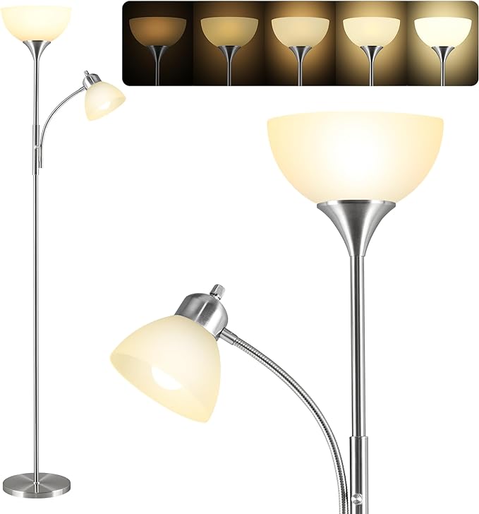Floor Lamp, Dimmable Standing lamp, 3 Levels Dimmable Brightness, Included 9W and 5W LED Bulbs, Industrial Floor Lamp for Living Room, Bedroom, Office, Reading - LeafyLoom