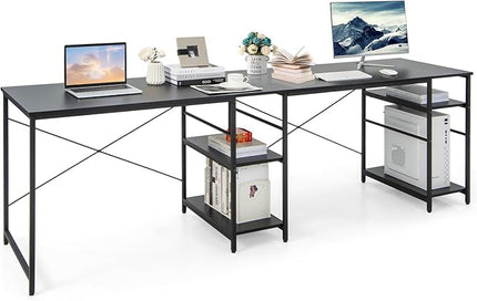 L-Shaped Home Office Desk, Corner Computer Desk w/Monitor Stand, Reversible PC Desk w/Heavy-Duty Metal Frame, Long Office Desk for 2 Person, Space-Saving Design (Black) - LeafyLoom