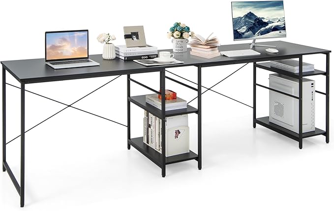 L-Shaped Home Office Desk, Corner Computer Desk w/Monitor Stand, Reversible PC Desk w/Heavy-Duty Metal Frame, Long Office Desk for 2 Person, Space-Saving Design (Black) - LeafyLoom