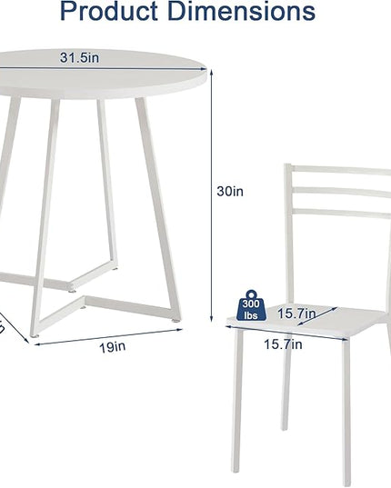VECELO Small Round Dining Table Set for 2, Wood Tabletop with Strong Metal Frame, Modern Dinette with Chairs for Kitchen, Breakfast Nook Living Room, Solid white - LeafyLoom