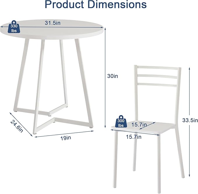 VECELO Small Round Dining Table Set for 2, Wood Tabletop with Strong Metal Frame, Modern Dinette with Chairs for Kitchen, Breakfast Nook Living Room, Solid white - LeafyLoom