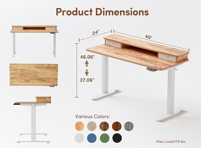 BANTI 40x24 Inch Electric Standing Desk with Double Drawers, Adjustable Height Stand Up Desk, Sit Stand Home Office Desk with Storage Shelf, Light Rustic Brown Top - LeafyLoom