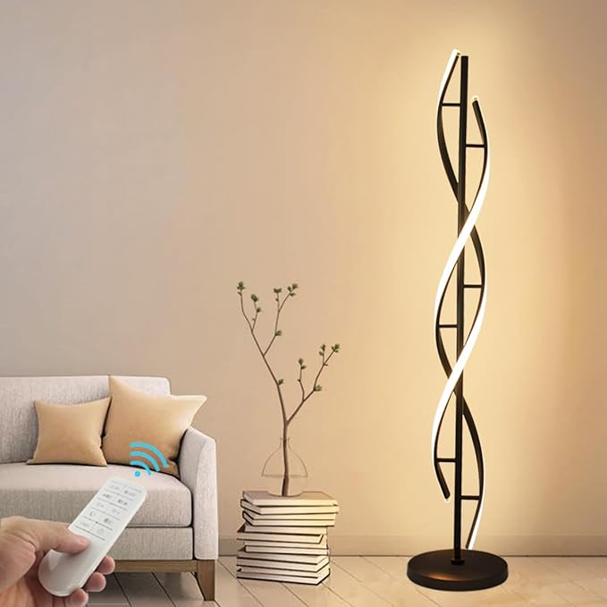 Modern Spiral Floor Lamps for Living Room, 40W LED Floor Lamp with Remote Control, 60 Inch 3 Color Temperatures & Dimmable Brightness Corner Standing Lamp Black Floor Lamp for Bedroom, Office - LeafyLoom