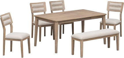 Dining Table Set for 6 Rectangular Tabletop with Upholstered Chairs & Bench for Dining&Kitchen Room, 60 inch, Natural Wood Wash - LeafyLoom