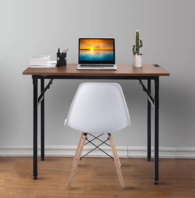 Frylr Small Folding Writing Desk with USB Ports & Power Plugs 31.5x15.7x29 Inch Small Office Computer Desks Portable for Home Office, Foldable Student Study Tables for Small Space, Walnut - LeafyLoom