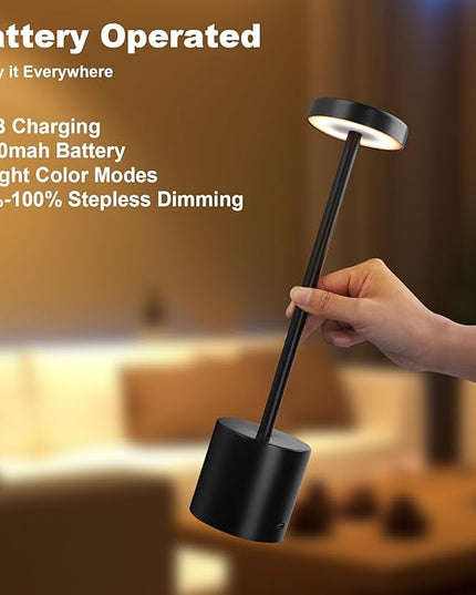 LED Table Lamp Eye-Caring Battery Operated Desk Lamps Bedside Reading 3-Colors Wireless Dimmable Night Light for Bedroom Living Room Home Office Up to 72h Cordless Lighting - LeafyLoom