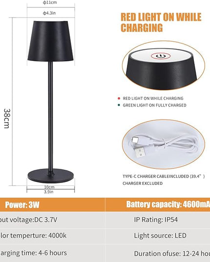 Cordless Table Lamps USB Rechargeable Lamp Simplicity Desk Lamp Built-in 4600 mAh Battery LED Battery Operated lamp with Touch Control Table lamp - Bedroom/Desk/Reading/Patio(2Pcs-Black) - LeafyLoom