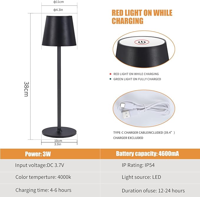 Cordless Table Lamps USB Rechargeable Lamp Simplicity Desk Lamp Built-in 4600 mAh Battery LED Battery Operated lamp with Touch Control Table lamp - Bedroom/Desk/Reading/Patio(2Pcs-Black) - LeafyLoom