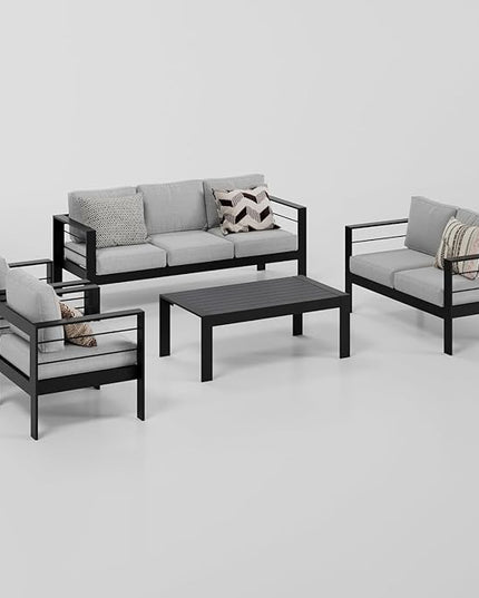 Wisteria Lane Aluminum Patio Furniture Set, 5 Piece Outdoor Conversation Set, Sectional Metal Sofa with 5 Inch Cushion and Coffee Table for Balcony, Backyard, Garden, Black Frame and Grey Cushion - LeafyLoom