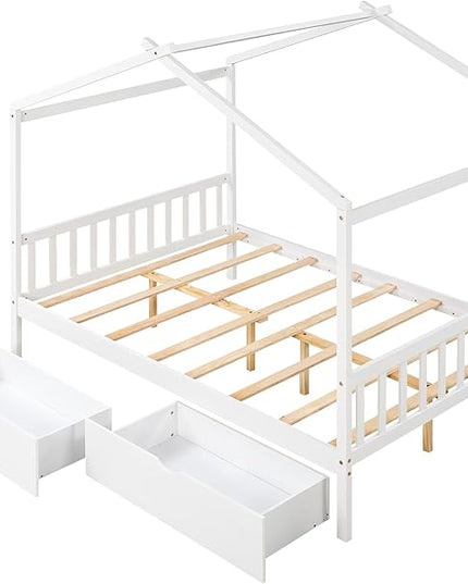 Full Size Bed Frame with Headboard and Footboard, Low House Bed/Full Bed Frame with Storage Drawer, Wood Bed Frame for Kids, Girls, Boys (White Drawer, Full) - LeafyLoom