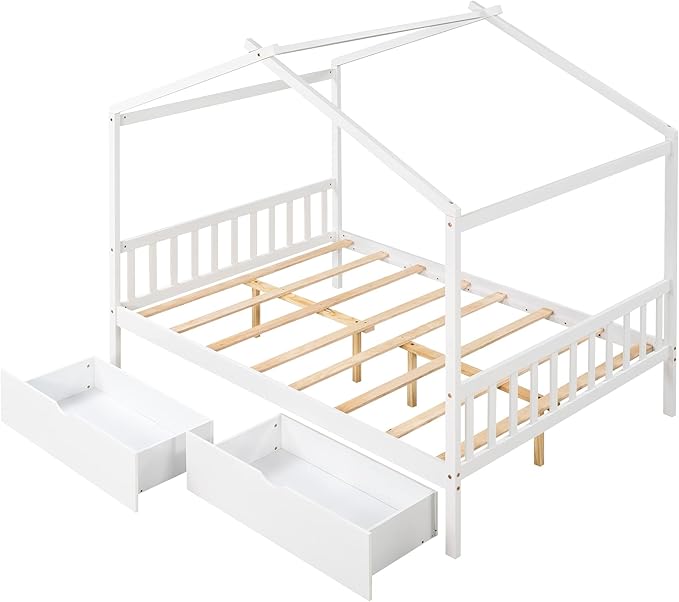 Full Size Bed Frame with Headboard and Footboard, Low House Bed/Full Bed Frame with Storage Drawer, Wood Bed Frame for Kids, Girls, Boys (White Drawer, Full) - LeafyLoom