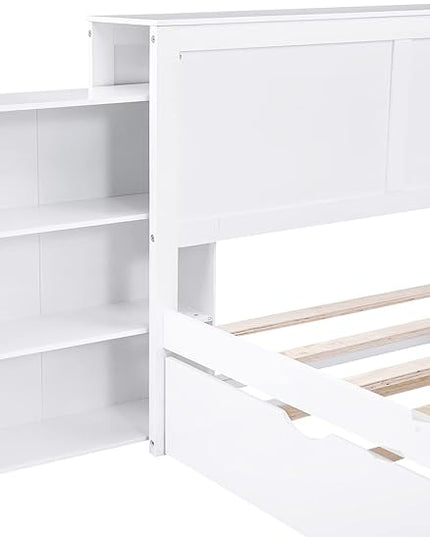 Full Size Platform Bed with Headboard, Pull Out Shelves and Twin Trundle, Wooden Versatile Storage Bedframe for Bedroom Guest Room, White - LeafyLoom