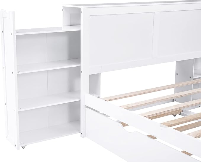 Full Size Platform Bed with Headboard, Pull Out Shelves and Twin Trundle, Wooden Versatile Storage Bedframe for Bedroom Guest Room, White - LeafyLoom
