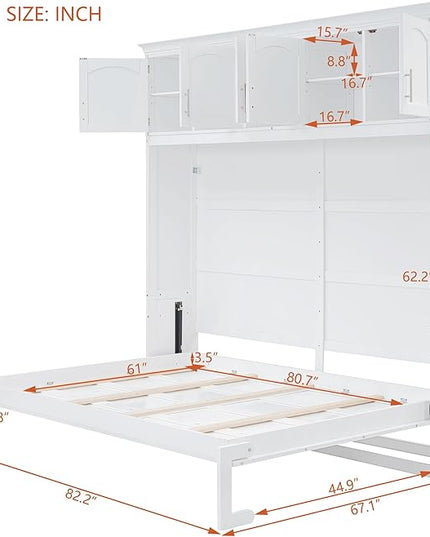 Merax Farmhouse Solid Wood Murphy Bed Chest with Top Cabinets, Storage Wall Platform Bed with Wood Slat Support/Space Saving Queen,White - LeafyLoom