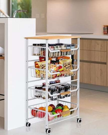HEOMU 5 Tier Rolling Kitchen Storage Cart, Metal Microwave Stand Kitchen Island Cart on Wheels with Storage for Kitchen, Bathroom, Living Room, Bar, Office, White - LeafyLoom