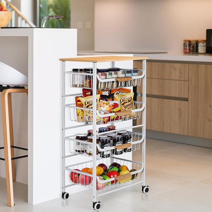 HEOMU 5 Tier Rolling Kitchen Storage Cart, Metal Microwave Stand Kitchen Island Cart on Wheels with Storage for Kitchen, Bathroom, Living Room, Bar, Office, White - LeafyLoom