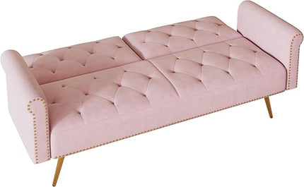 Button Tufted Upholstered Convertible Folding Sleeper Sofa Bed Futon Loveseat Couch Recliner Daybed with Adjustable and Nailhead Trim for Living Room, Bedroom, Pink 69.7" - LeafyLoom