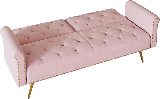 Button Tufted Upholstered Convertible Folding Sleeper Sofa Bed Futon Loveseat Couch Recliner Daybed with Adjustable and Nailhead Trim for Living Room, Bedroom, Pink 69.7" - LeafyLoom