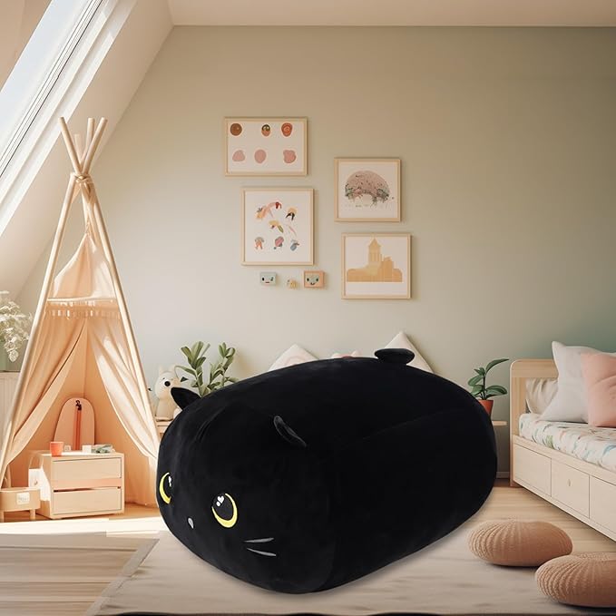 Stuffed Animal Storage Bean Bag Chair Cover for kids Cute Black Cat Large Beanbag Plush Toy Bedroom Décor Organizer Cover, No Beans - LeafyLoom