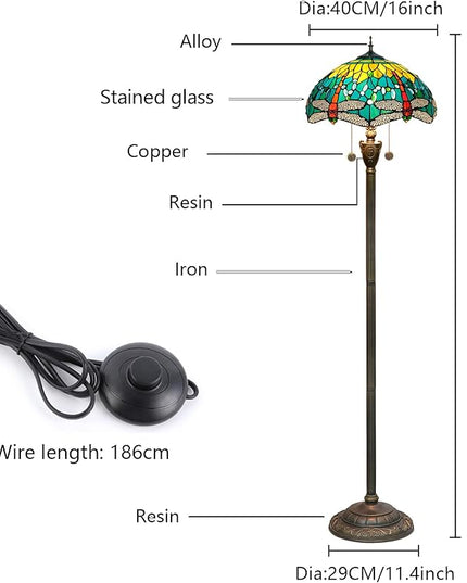 Tiffany floor lamp stained glass lamps for living room bedroom office rustic corner standing tall vintage light kids unique Pulling chain Green Dragonfly style lighting - LeafyLoom