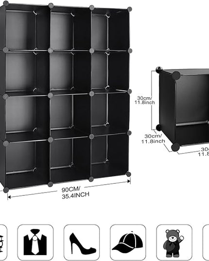 TUMUCUTE Cube Storage Organizer, 12-Cube DIY Plastic Closet Cabinet Modular Bookcase, Storage Shelves for Bedroom Living Room, Office, Black - LeafyLoom