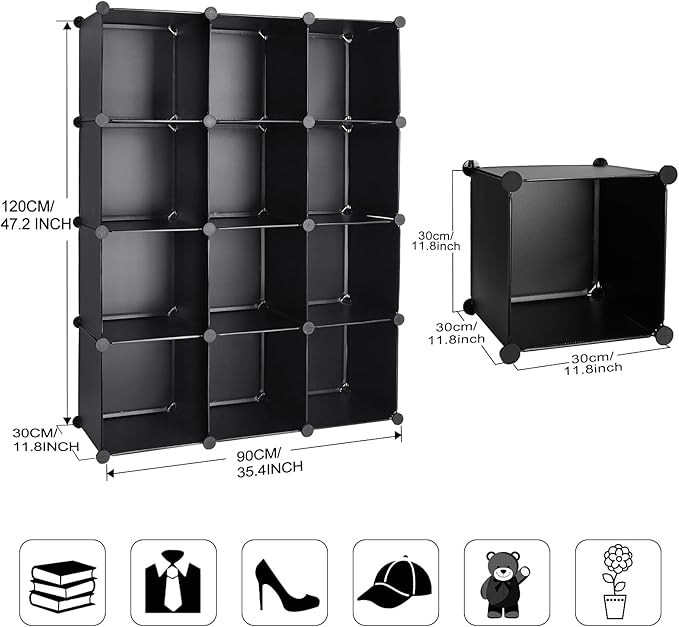 TUMUCUTE Cube Storage Organizer, 12-Cube DIY Plastic Closet Cabinet Modular Bookcase, Storage Shelves for Bedroom Living Room, Office, Black - LeafyLoom