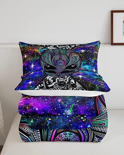 Trippy Alien Comforter Set King Size Kids Boys Galaxy Hippie Graffiti Bedding Set Psychedelic Alien Outer Space Comforter Purple Trippy Room Decor Bohemian Alien Quilted Bed Sets for Adults Men Boys - LeafyLoom
