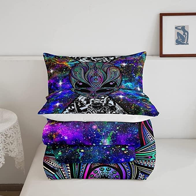 Trippy Alien Comforter Set King Size Kids Boys Galaxy Hippie Graffiti Bedding Set Psychedelic Alien Outer Space Comforter Purple Trippy Room Decor Bohemian Alien Quilted Bed Sets for Adults Men Boys - LeafyLoom
