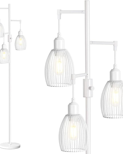 Dimmable Floor Lamp, 3 x 800LM LED Edison Bulbs Included, Farmhouse Industrial Floor Lamp Standing Lamp with Elegant Teardrop Cage Head Tall Lamp for Living Room Bedroom Office Dining Room - White - LeafyLoom