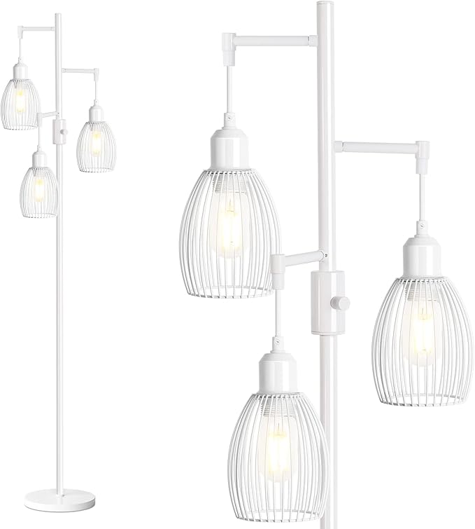 Dimmable Floor Lamp, 3 x 800LM LED Edison Bulbs Included, Farmhouse Industrial Floor Lamp Standing Lamp with Elegant Teardrop Cage Head Tall Lamp for Living Room Bedroom Office Dining Room - White - LeafyLoom