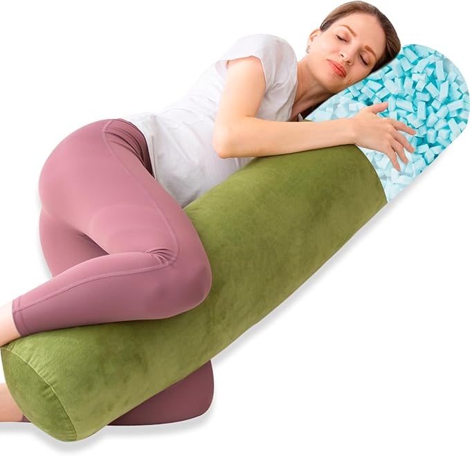 Body Pillow, Memory Foam Round Body Pillows for Adults, Firm Long Bolster Pillow for Bed, Cylinder Tube Roll Pillow with Velvet Cover, 47x7.87 Inches, Green - LeafyLoom
