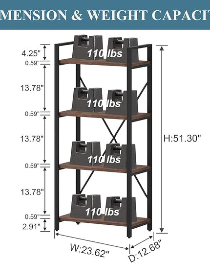 BON AUGURE Industrial 4 Tier Bookshelf, Modern Open Etagere Bookcase, Wood Metal Vintage Shelving Unit for Office Bedroom and Living Room (Rustic Oak) - LeafyLoom