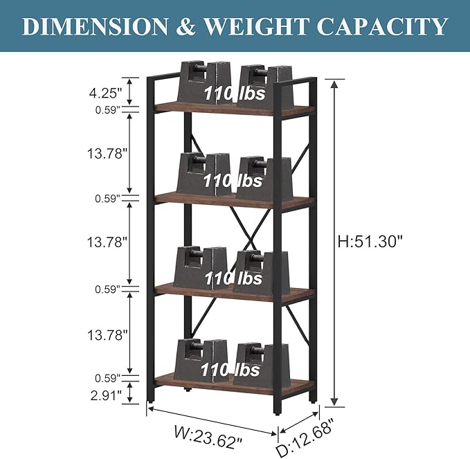 BON AUGURE Industrial 4 Tier Bookshelf, Modern Open Etagere Bookcase, Wood Metal Vintage Shelving Unit for Office Bedroom and Living Room (Rustic Oak) - LeafyLoom