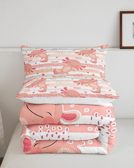 Cute Axolotl Comforter Set Queen Size Rainbow Stripes Quilt Set Animal Theme Bedding Comforters 3pcs for Kids Teens Room Decor,Pink Romantic Soft Duvet Set with 2 Pillowcases - LeafyLoom