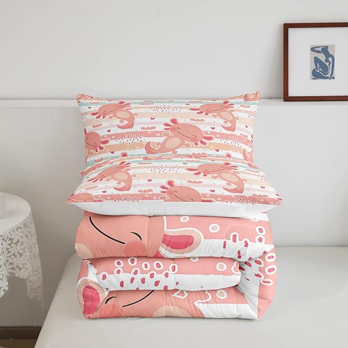 Cute Axolotl Comforter Set Queen Size Rainbow Stripes Quilt Set Animal Theme Bedding Comforters 3pcs for Kids Teens Room Decor,Pink Romantic Soft Duvet Set with 2 Pillowcases - LeafyLoom