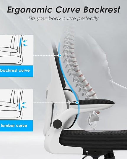 Soohow Ergonomic Home Office Chair, Mesh Desk Chair with Lumbar Support, Comfy Computer Desk Chair with Flip Armrest Rolling Wheels, Adjustable Headrest, White. - LeafyLoom
