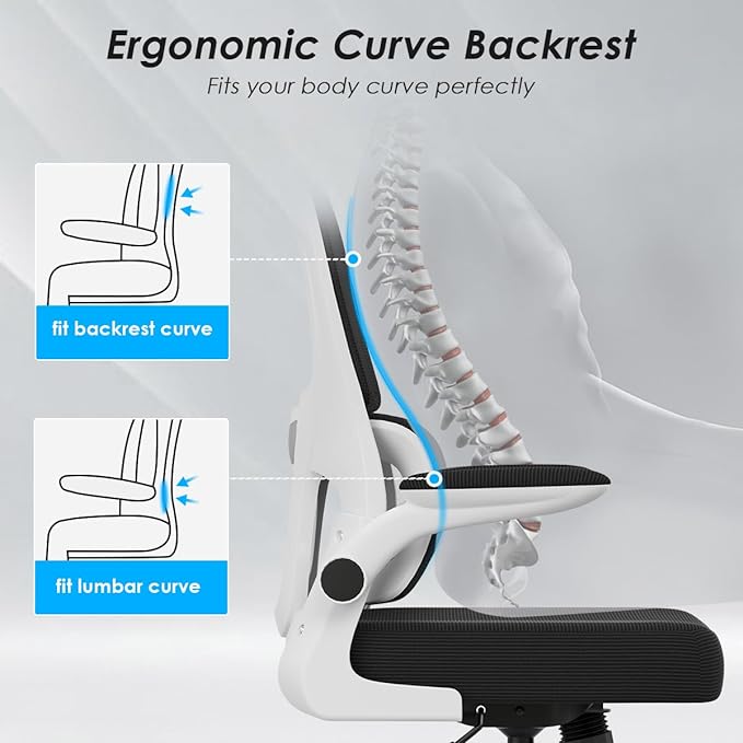 Soohow Ergonomic Home Office Chair, Mesh Desk Chair with Lumbar Support, Comfy Computer Desk Chair with Flip Armrest Rolling Wheels, Adjustable Headrest, White. - LeafyLoom