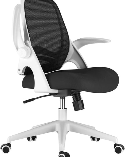 Hbada Office Chair with Flip-Up Armrests, Desk Chair with Saddle Cushion, Ergonomic Office Chair with S-Shaped Backrest, Comfy Mesh Chair for Home and Office, White - LeafyLoom