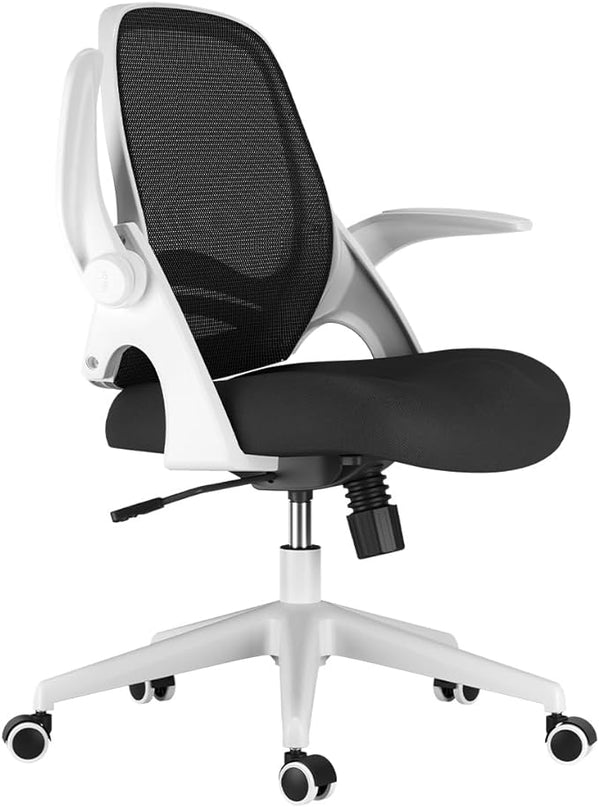 Hbada Office Chair with Flip-Up Armrests, Desk Chair with Saddle Cushion, Ergonomic Office Chair with S-Shaped Backrest, Comfy Mesh Chair for Home and Office, White - LeafyLoom