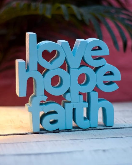Love Hope Faith Blue, Aesthetic table decor for home or office, desk or Shelf. Quirky room decoration showpiece, ideal for birthday gift, corporate gift, and inspiring wall decor. - LeafyLoom