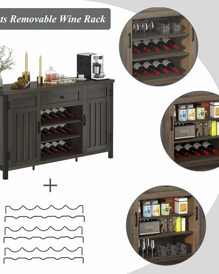 FATORRI Industrial Buffet Cabinet with Storage, Farmhouse Sideboard Cabinet with Wine Rack, Rustic Wood Coffee Bar Cabinet for Kitchen (55.12 Inch, Walnut Brown) - LeafyLoom