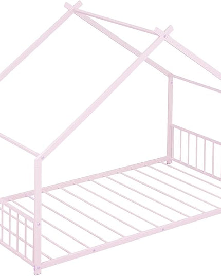 RITSU Twin Size Montessori Floor House Bed, Bedframe with Metal Slat & with Headboard and Footboard, Sturdy Construction, for Children's Room, Girls, Boys, Pink - LeafyLoom