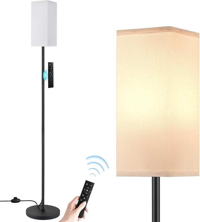 Ambimall Remote Control Floor Lamp, Stepless Dimmable, 64 Inches Tall, Include 9W Bulb, Standing Lamp for Living Room Bedroom Office (White & Black) - LeafyLoom