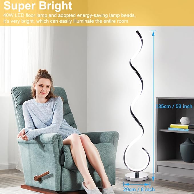 Modern Floor Lamps for Living Room, 40W Dimmable LED Spiral Floor Lamp with Remote, Adjustable Colors & Brightness Standing Lamp Reading Lamp Corner Floor Lamp for Bedroom, Office - Silver - LeafyLoom