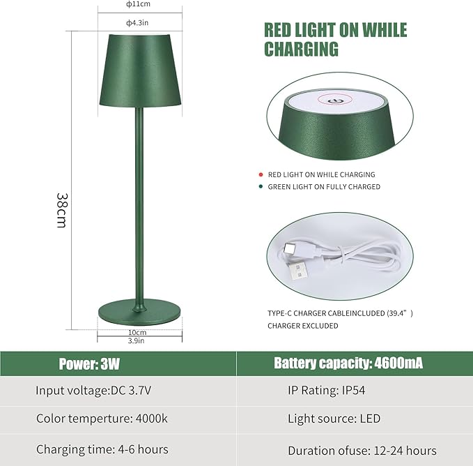 Cordless Table Lamps USB Rechargeable Simplicity Desk Lamp Built-in 4600 mAh Battery LED Battery Operated lamp with Touch Control Table lamp - Bedroom/Desk/Reading/Patio(Green) - LeafyLoom
