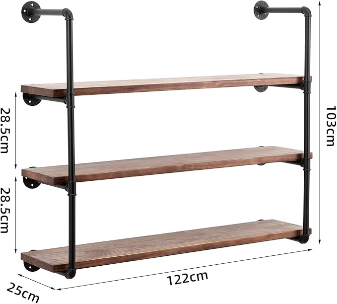 Industrial Wall Mounted Pipe Shelving,Rustic Metal Floating Shelves,Steampunk Real Wood Bookcases,DIY Bookshelf Hanging Shelves,Farmhouse Kitchen Bar Office Home Storage (4-Tier with 3 Boards,48in) - LeafyLoom