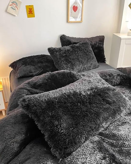 Faux Fur Kids Girls Black Comforter Sets King - 3PC Bed Set Warm Comfortable Soft Plush Flannel Velvet Fluffy Fuzzy Bedding（Comforter x 1 Pillowcases x 2） - LeafyLoom