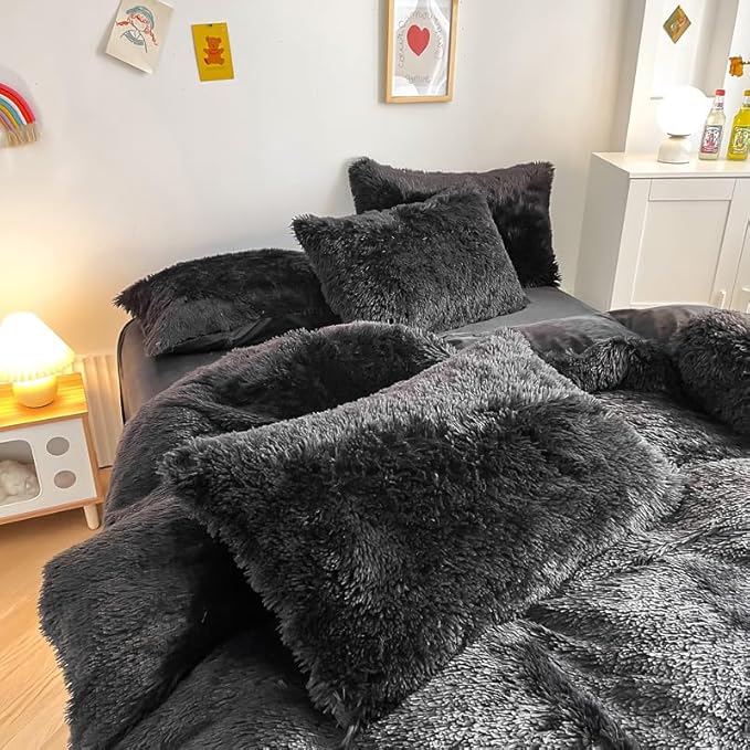 Faux Fur Kids Girls Black Comforter Sets King - 3PC Bed Set Warm Comfortable Soft Plush Flannel Velvet Fluffy Fuzzy Bedding（Comforter x 1 Pillowcases x 2） - LeafyLoom