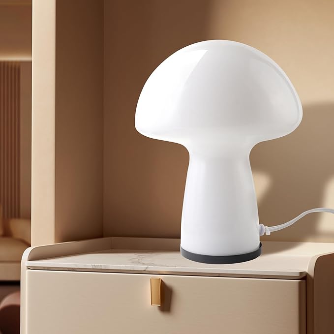 Mushroom Lamp,Glass Table Bedside Lamps,Translucent Vintage Style Striped Small Night Mushroom Decor Light for Ambient,Kids,Bedroom,Living,Gift (milk white) - LeafyLoom