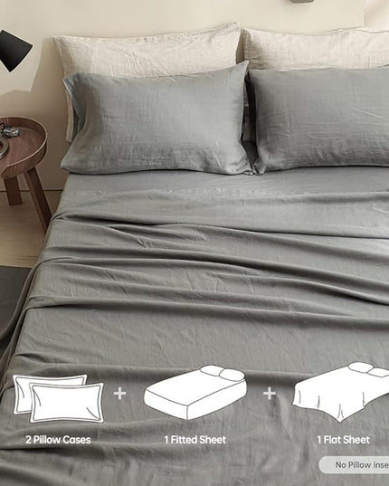 Simple&Opulence 100% Linen Sheet Set Solid Color-4 Pcs Washed French Linen Bed Sheets(1 Flat Sheet,1 Fitted Sheet,2 Pillowcases)-Breathable Bedding Set (Grey, King) - LeafyLoom